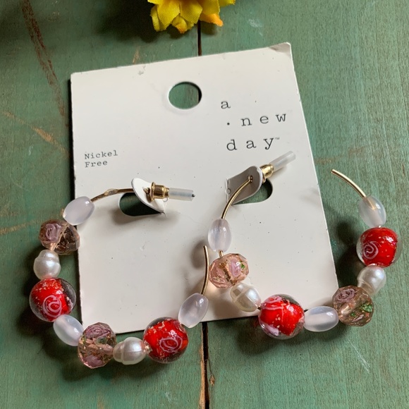 Colorful Hoops - Beaded Hoop Earrings on Original Card - NWT - Boho Hoops - Picture 1 of 4